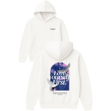 Vsrn Love Yourself First Tasarım Baskılı Oversize Beyaz Kapüşonlu Sweatshirt