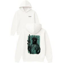Vsrn Özgürlük Heykeli Tasarım Baskılı Oversize Beyaz Kapüşonlu Sweatshirt