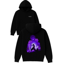 Vsrn Mor Gülen Anime Tasarım Baskılı Oversize Siyah Kapüşonlu Sweatshirt