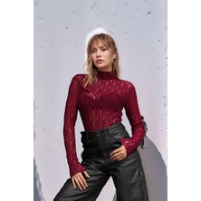 Mamayaga Kadın Esnek Desenli Dantel Spor Şık Tasarım Uzun Kol Gece Bluzu