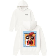 Vsrn Yakışıklı Horoz Tasarım Baskılı Oversize Beyaz Kapüşonlu Sweatshirt