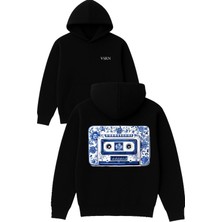 Vsrn Güllü Kaset Tasarım Baskılı Oversize Siyah Kapüşonlu Sweatshirt