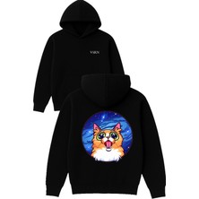 Vsrn Gözleri Parlayan Kedi Tasarım Baskılı Oversize Siyah Kapüşonlu Sweatshirt