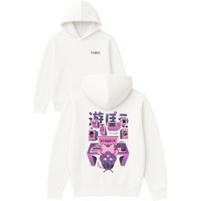 Vsrn Yayıncı Kedi Tasarım Baskılı Oversize Beyaz Kapüşonlu Sweatshirt