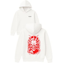 Vsrn Şeytan Tasarım Baskılı Oversize Beyaz Kapüşonlu Sweatshirt