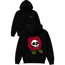 Vsrn Gül Iskelet Tasarım Baskılı Oversize Siyah Kapüşonlu Sweatshirt
