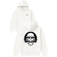 Vsrn Korkunç Maske Tasarım Baskılı Oversize Beyaz Kapüşonlu Sweatshirt