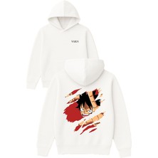 Vsrn Parçalı Anime Tasarım Baskılı Oversize Beyaz Kapüşonlu Sweatshirt