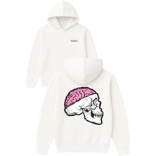 Vsrn Kafası Açılmış Iskelet Tasarım Baskılı Oversize Beyaz Kapüşonlu Sweatshirt