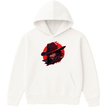 Vsrn Sert Kovboy Tasarım Baskılı Oversize Beyaz Kapüşonlu Sweatshirt