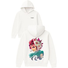 Vsrn Maskeli Anime Tasarım Baskılı Oversize Beyaz Kapüşonlu Sweatshirt