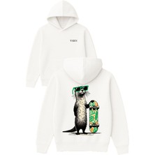 Vsrn Havalı Sincap Tasarım Baskılı Oversize Beyaz Kapüşonlu Sweatshirt