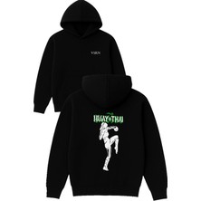 Vsrn Muay Thai Tasarım Baskılı Oversize Siyah Kapüşonlu Sweatshirt