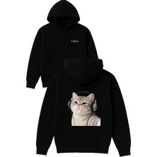Vsrn Sakız Çiğneyen Kedi Tasarım Baskılı Oversize Siyah Kapüşonlu Sweatshirt