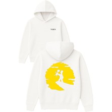 Vsrn Sarı Kafa Tasarım Baskılı Oversize Beyaz Kapüşonlu Sweatshirt