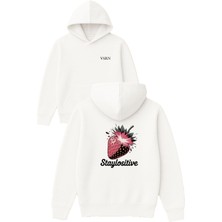 Vsrn Çilek Stay Tasarım Baskılı Oversize Beyaz Kapüşonlu Sweatshirt