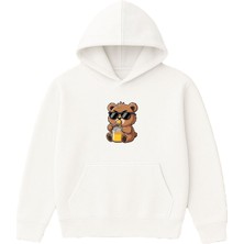 Vsrn Bal Yiyen Ayı Tasarım Baskılı Oversize Beyaz Kapüşonlu Sweatshirt