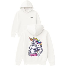 Vsrn Tek Boynuzlu At Gym Tasarım Baskılı Oversize Beyaz Kapüşonlu Sweatshirt