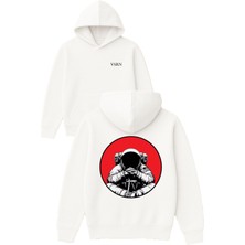 Vsrn Meditasyon Astronot Tasarım Baskılı Oversize Beyaz Kapüşonlu Sweatshirt