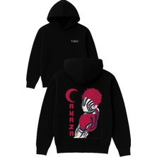 Vsrn Akaza Tasarım Baskılı Oversize Siyah Kapüşonlu Sweatshirt