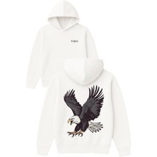 Vsrn Büyük Kartal Tasarım Baskılı Oversize Beyaz Kapüşonlu Sweatshirt