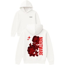 Vsrn Gül Nıght Tasarım Baskılı Oversize Beyaz Kapüşonlu Sweatshirt