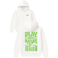 Vsrn Play Nature Tasarım Baskılı Oversize Beyaz Kapüşonlu Sweatshirt