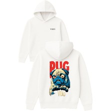 Vsrn Pug You Tasarım Baskılı Oversize Beyaz Kapüşonlu Sweatshirt