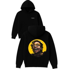 Vsrn Sarı Gözlüklü Rapçi Tasarım Baskılı Oversize Siyah Kapüşonlu Sweatshirt