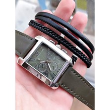 Weluxa Gümüş Renk Kasa Haki Yeşil Deri Kordonlu Erkek Kol Saati Deri Bileklik Hediyeli