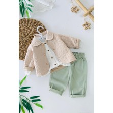 Miniğimin Cicileri Kapitone Ceketli Gömlek ve Pantolon 3 Lü Kız Takımı - Bej