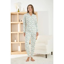 Pijamoni Kadın Berlin Kumaş Önden Düğmeli Beyaz Pijama Takımı