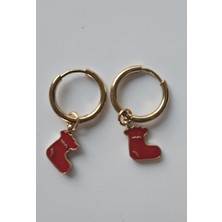 Mith Sb Takı Yılbaşı Temalı Kırmızı Çorap Paslanmaz Çelik Halka Küpe- Gold