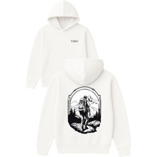 Vsrn Dağ Yürüyüşü Tasarım Baskılı Oversize Beyaz Kapüşonlu Sweatshirt