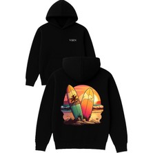 Vsrn Surf Tahtaları Tasarım Baskılı Oversize Siyah Kapüşonlu Sweatshirt