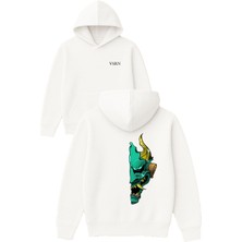 Vsrn Canavar Tasarım Baskılı Oversize Beyaz Kapüşonlu Sweatshirt