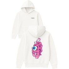 Vsrn Uzaylı Göz Tasarım Baskılı Oversize Beyaz Kapüşonlu Sweatshirt