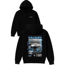 Vsrn Kruzıfy Tasarım Baskılı Oversize Siyah Kapüşonlu Sweatshirt