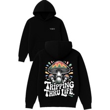 Vsrn Tripping Thru Tasarım Baskılı Oversize Siyah Kapüşonlu Sweatshirt