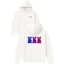 Vsrn 3 Tatlı Ayıcık Tasarım Baskılı Oversize Beyaz Kapüşonlu Sweatshirt