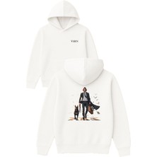 Vsrn Köpekli Adam Tasarım Baskılı Oversize Beyaz Kapüşonlu Sweatshirt