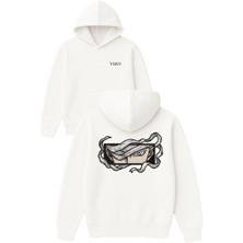 Vsrn Mavi Gözlü Çerçeve Tasarım Baskılı Oversize Beyaz Kapüşonlu Sweatshirt