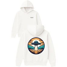 Vsrn Ufo Uçuyor Tasarım Baskılı Oversize Beyaz Kapüşonlu Sweatshirt
