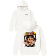 Vsrn Rap Dünyası Tasarım Baskılı Oversize Beyaz Kapüşonlu Sweatshirt