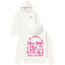 Vsrn Lıght The Way Tasarım Baskılı Oversize Beyaz Kapüşonlu Sweatshirt