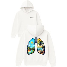 Vsrn Ciğerde Manzara Tasarım Baskılı Oversize Beyaz Kapüşonlu Sweatshirt