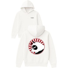 Vsrn Sinirli Panda Tasarım Baskılı Oversize Beyaz Kapüşonlu Sweatshirt