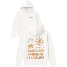 Vsrn Sunshine Is Healing Tasarım Baskılı Oversize Beyaz Kapüşonlu Sweatshirt