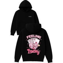 Vsrn Feeling Lucky Tasarım Baskılı Oversize Siyah Kapüşonlu Sweatshirt