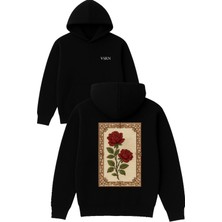 Vsrn Tablolu Gül Tasarım Baskılı Oversize Siyah Kapüşonlu Sweatshirt